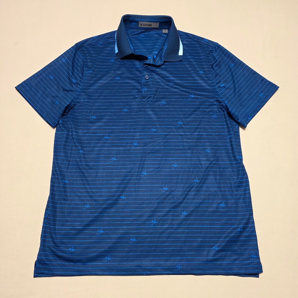 G/FORE Men Large Blue/Teal Striped Script Logo Golf Polo Shirt Pullover Stretch